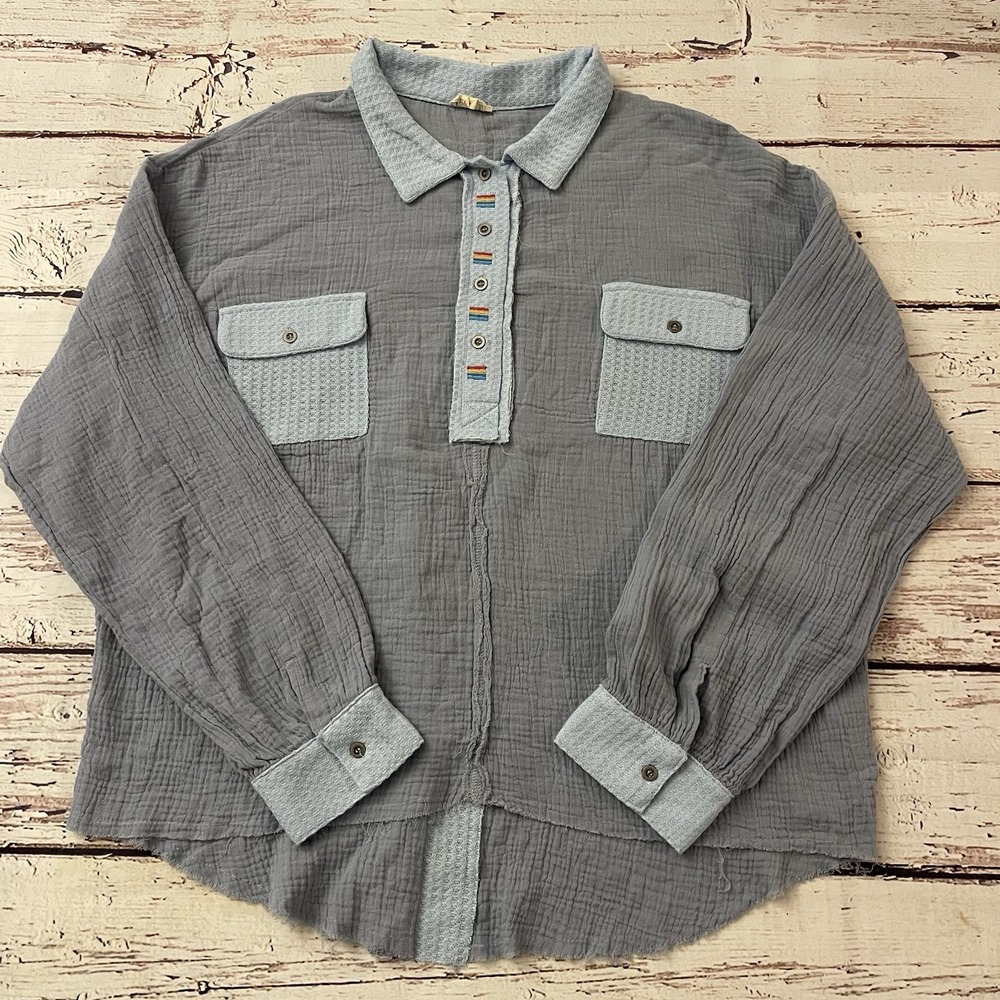 POL Clothing Texture Half Button Long Sleeve Womens Top Size Large Cozy Boho